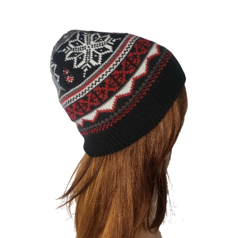 MUK LUKS Black Fair Isle Reversible Sweater Slouch Knit Cap Hat